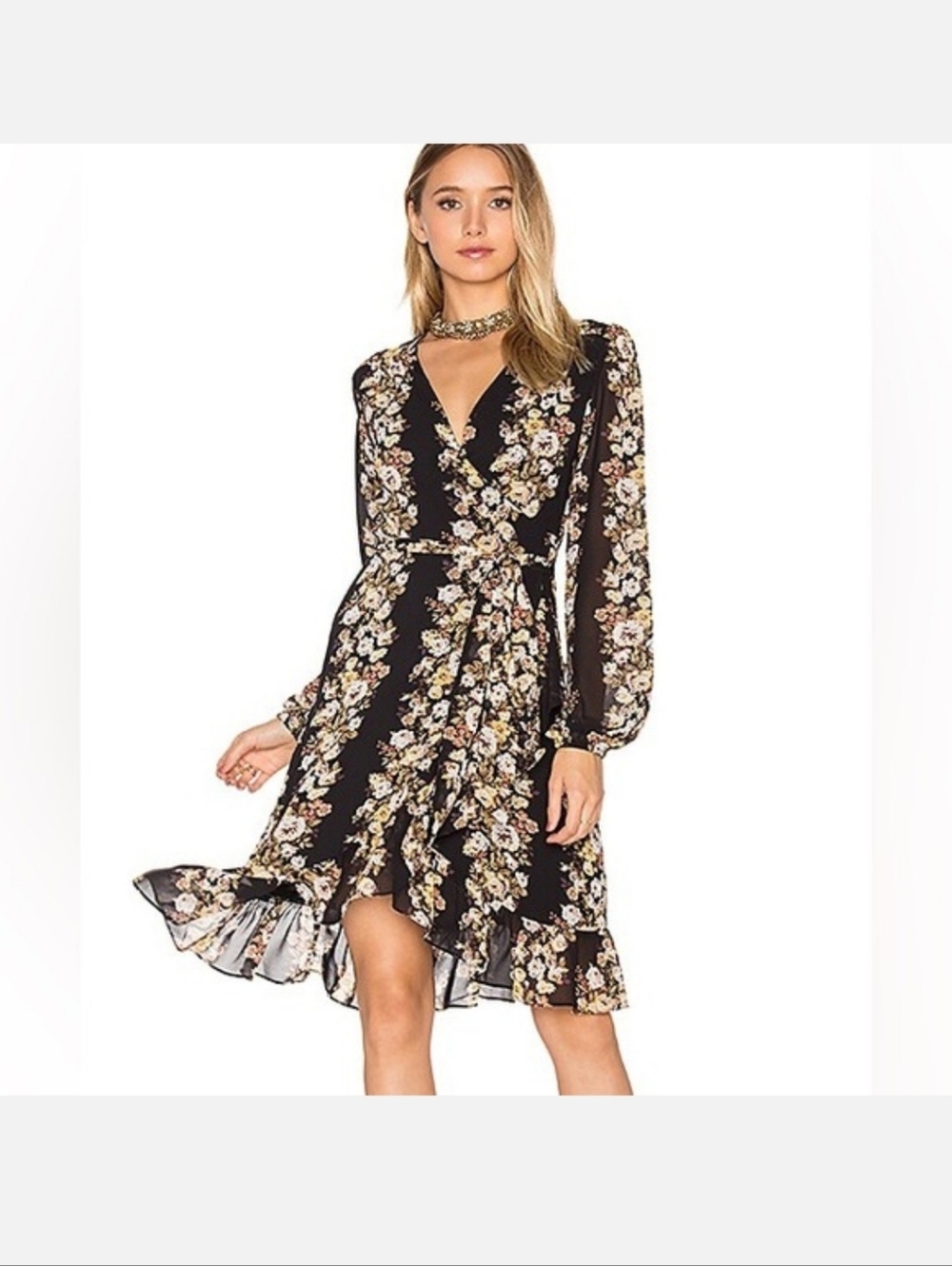 WAYF Revolve Black Floral Wrap Dress with Ruffle Hem